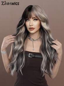 7JHH WIGS Silver Ash Pink Wavy Wig With Bangs Highlight Black Hair Body Long Curly Wigs Natural Fluffy Soft Woven Synthetic Fiber Costume Wig For Women&Girls Christmas Party Cosplay Use 26 Inch - Silver - View 2