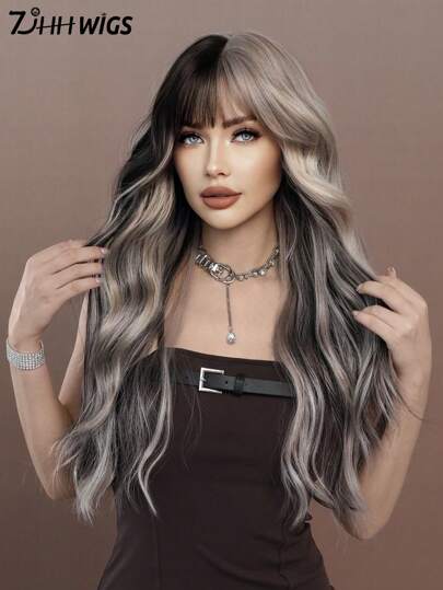 7JHH WIGS Silver Ash Pink Wavy Wig With Bangs Highlight Black Hair Body Long Curly Wigs Natural Fluffy Soft Woven Synthetic Fiber Costume Wig For Women&Girls Christmas Party Cosplay Use 26 Inch