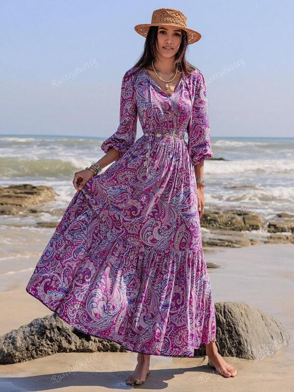Rusttydustty Woman Floral V-Neck Long Sleeve Elegant Dress Normal Leisure Ou Vacation New Year Music Festival