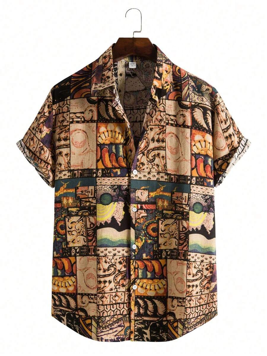 Men Tropical Print Button Up Hawaiian Shirt