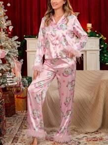 Women Christmas Satin Pajamas Set Santa Print Feather Trim Long Sleeve Button Down Shirts Tops And Wide Leg Pants Sets Fall Winter Sleepwear Nightwear Loungewear Xmas Holiday Two Pieces Pjs Matching Outfits Sets - Pink - View 9