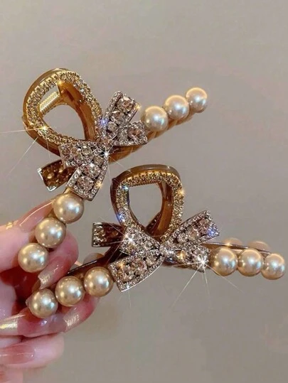 1pc Elegant Rhinestoned Bowknot Faux Pearl Hair Clip, Fashionable Accessory For Women, Suitable For Daily Wear, Gatherings, And Parties Hair Claws Claw Clips Hair Clips Hair Jaw Clip Hair Clamps Hair Clutch Hair Catcher Clip, Bow Accessories, School Stuff, College, Faux Pearl Hair Accessories Fall Winter For Vacation Outfits Woman