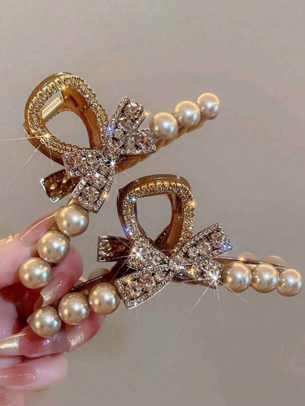 1 peça elegante grampo de cabelo com laço de pérolas e strass, acessório moderno para mulheres, adequado para uso diário, reuniões e festas. Grampos de cabelo, grampos de garra, grampos de cabelo, grampos de mandíbula, grampos de cabelo, grampos de cabelo, grampos de cabelo.