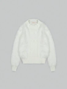 Sueter lindo casual para dama peludo y tejido de cable - Blanco - Ver 6