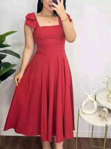 Women's Midi Dress With Bow On The Sleeve Duna Linen - 紅色 - 查看 2