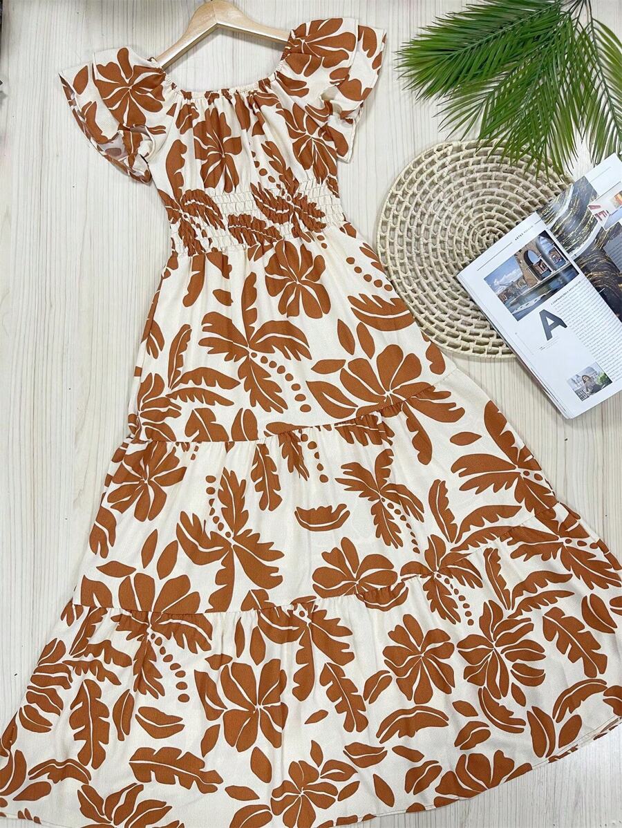 Long Dress PRINT With Lining Fabric DUNA Beautiful Fashion - Màu Khaki - Xem 1