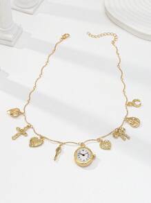 1 Pc Golden Color Bow Moon Cross Heart Charm Necklace , Fake Clock Watch Charms Necklaces For Women , Multi Charms Jewelry , Heart Locket Jewellery , Creative Birthday Gift Holiday Presents For Wife Mother Girlfriend Valentines,Mom,Mother,Mother's Day,Gift - Gold - View 2