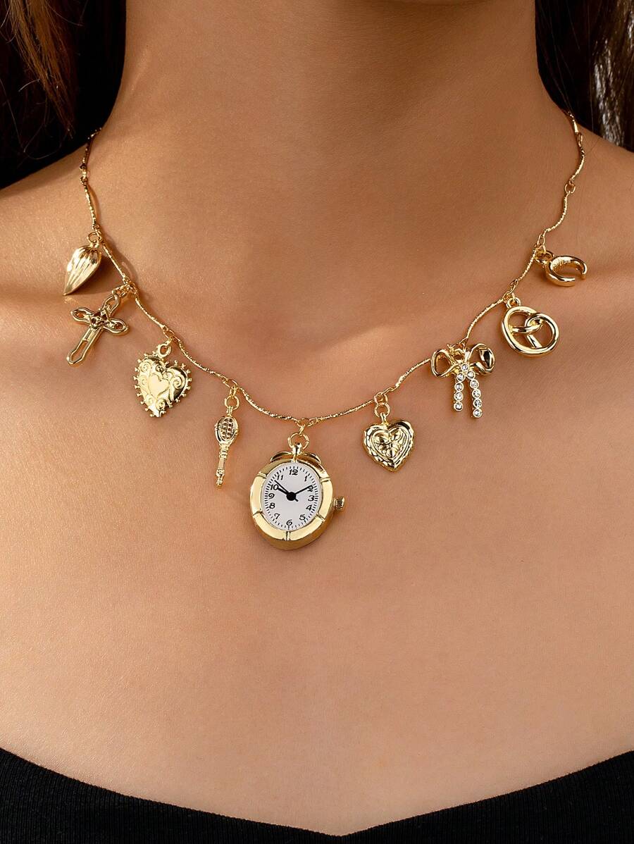 1 Pc Golden Color Bow Moon Cross Heart Charm Necklace , Fake Clock Watch Charms Necklaces For Women , Multi Charms Jewelry , Heart Locket Jewellery , Creative Birthday Gift Holiday Presents For Wife Mother Girlfriend Valentines,Mom,Mother,Mother's Day,Gift - Gold - View 1