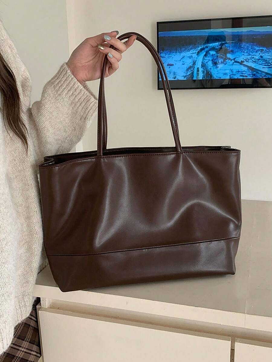 Túi Tote Đeo Vai Da Mềm Phong Cách Hàn Quốc Tối Giản, Sức Chứa Lớn, Màu Cà Phê Cổ Điển, Túi Xách Tay Đeo Hông Thường Ngày/Đi Làm Cho Nữ - Cà phê nâu - Xem 1