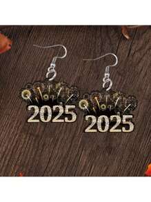 1 对亚克力 2D 节日吊坠耳环，2025 烟花和时钟图形印花设计，优雅节日庆祝时尚礼物，送给亲人，新年礼物 - 1對 - 查看 3