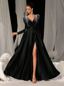 Vestido de noche elegante y formal para mujer con mangas largas, escote en V profundo, perlas, cinturón y bajo acampanado - Negro - Ver 4