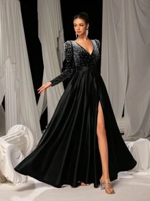 Vestido de noche elegante y formal para mujer con mangas largas, escote en V profundo, perlas, cinturón y bajo acampanado - Negro - Ver 5