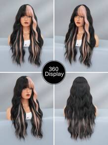 7JHH WIGS 亮粉色挑染黑色假髮，附瀏海，長款鬆散波浪捲，合成耐熱纖維髮，女用彩色假髮，適合日常、派對、電音節使用，26英吋（瀏海長度可修剪），萬聖節 - 挑染粉色 - 查看 5