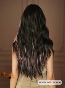 7JHH WIGS 亮粉色挑染黑色假髮，附瀏海，長款鬆散波浪捲，合成耐熱纖維髮，女用彩色假髮，適合日常、派對、電音節使用，26英吋（瀏海長度可修剪），萬聖節 - 挑染粉色 - 查看 3