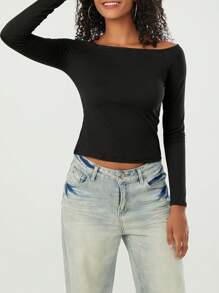 Women's Off Shoulder Crop Tops Long Sleeve Solid Color Slim Fit T-Shirts Dressy Blouses