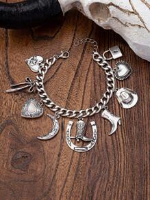 1 Pc Retro Antique Silver Color Charm Bracelet , Cowboy Boots Hat Horse Shoe Bow Charms Bracelets For Women , Western Cowgirl Style Jewelry - Antique Silver - View 1