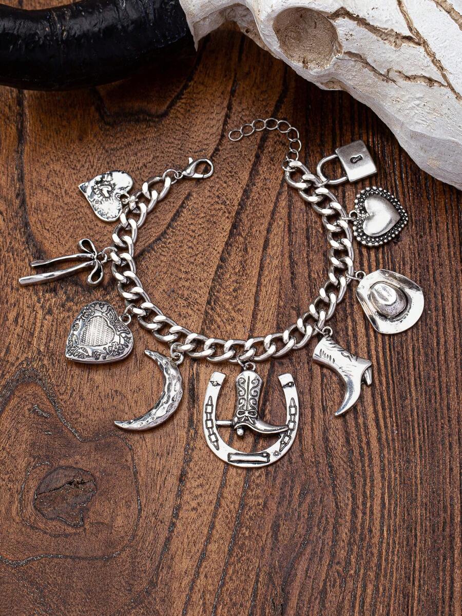 1 Pc Retro Antique Silver Color Charm Bracelet , Cowboy Boots Hat Horse Shoe Bow Charms Bracelets For Women , Western Cowgirl Style Jewelry - Antique Silver - View 1