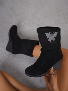 Damen Mode Kristall Schmetterling verzierte kurze Stiefel, Veloursleder Keilabsatz dick Sohle runde Zehenkappe Knöchel Stiefel, vielseitiger neuer Stil bequeme Schuhe, geeignet für verschiedene Anlässe - Schwarz - Übersicht 6