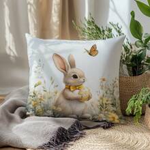 1pc Easter Bunny & Colorful Eggs Print Throw Pillow Cover, Watercolor Style, 17.7*17.7in, Home Decor Cushion Cover For Living Room, Sofa, Bedroom, Inner Pad Not Included