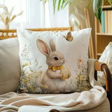 1pc Easter Bunny & Colorful Eggs Print Throw Pillow Cover, Watercolor Style, 17.7*17.7in, Home Decor Cushion Cover For Living Room, Sofa, Bedroom, Inner Pad Not Included
