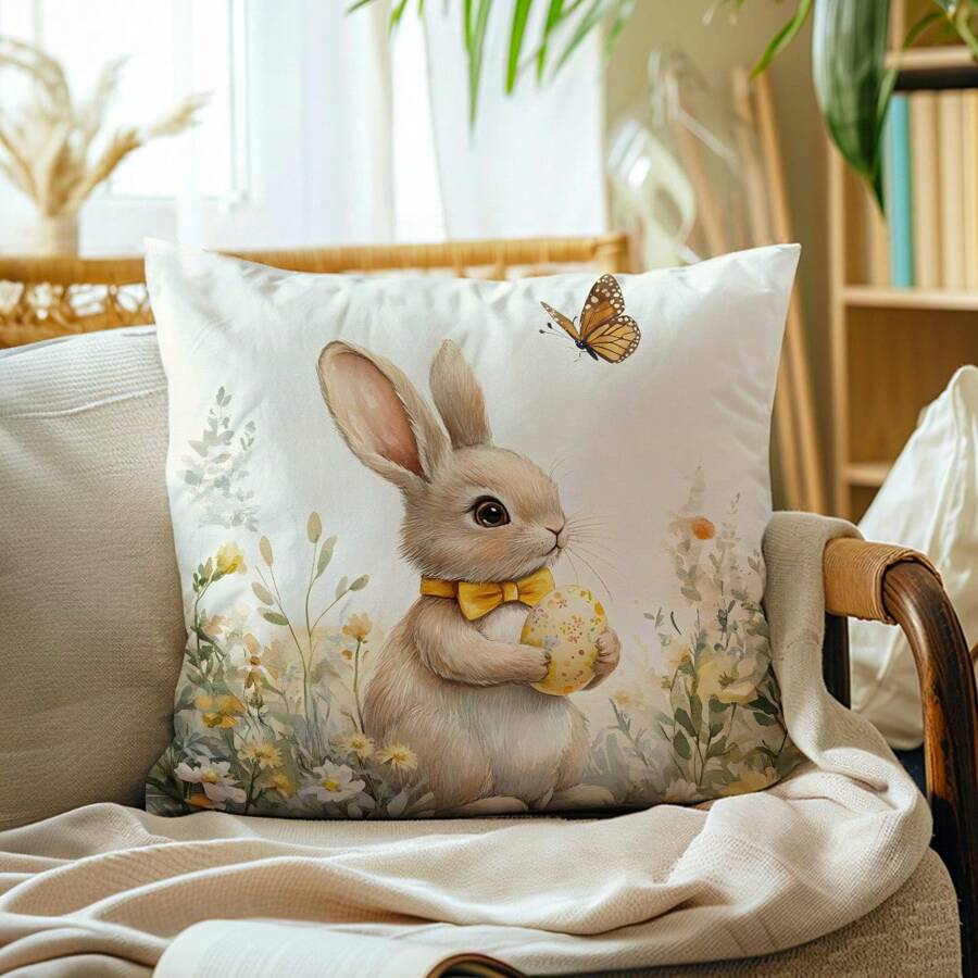 1pc Easter Bunny & Colorful Eggs Print Throw Pillow Cover, Watercolor Style, 17.7*17.7in, Home Decor Cushion Cover For Living Room, Sofa, Bedroom, Inner Pad Not Included