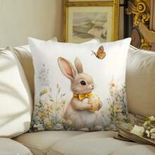 1pc Easter Bunny & Colorful Eggs Print Throw Pillow Cover, Watercolor Style, 17.7*17.7in, Home Decor Cushion Cover For Living Room, Sofa, Bedroom, Inner Pad Not Included