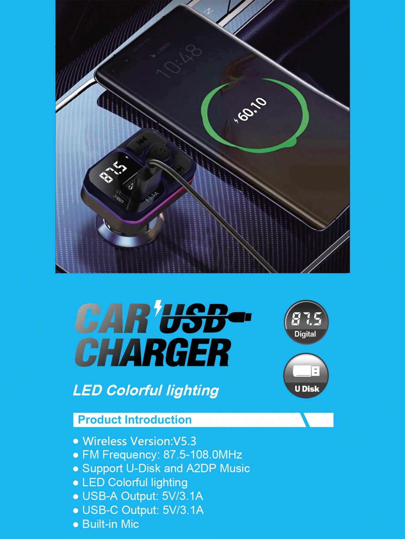 مشغل MP3 لاسلكي وشاحن سيارة متعدد USB 3.1A مع أضوا...