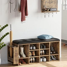 Shoe Bench, Ten Cubbies Storage Entryway Bench With PU Leather, Cubby Shoe Rack Organizer With Adjustable Shelves For Living Room, Bedroom, Vintage Brown - 棕色 - 查看 1