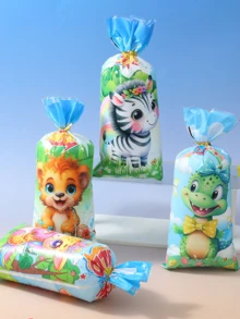 50 Túi kẹo hoạt hình 4 trong 1, Túi kẹo Opp, Sư tử, Khủng long, Ngựa vằn, Hươu, Túi quà tặng tiệc sinh nhật, Túi quà tặng bằng nhựa in, Đồ dùng tiệc có dây buộc xoắn - Nhiều màu - Xem 1