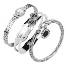 3-In-1 Set: Rhinestones Embedded Double LOVE Stainless Steel Bracelet, & Fashionable, With Romane Braided Steel Wire Bracelet Accessory, Great Gift