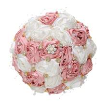 Elegante ramo de rosas de satén con cuentas y cristales de color champán, ramo de boda de rosas de tela artificial, flor eterna W0630G