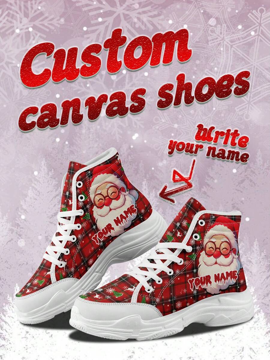 Men's Christmas Canvas Shoes, Santa Claus Designed Lightweight Comfortable Soft Bottom High Top Sneakers For Man, High-Top Skateboard Shoes, Personalized Fun Christmas Gift For Mom/Dad/Her/Him/Girlfriend/Boyfriend/Wife/Husband/Friend - White - View 1