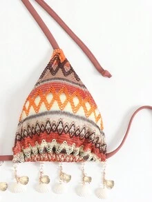 Summer, Beach, Vacation, Boho Style New European And American Fashion Fitted Backless Striped Knitted Sexy Shell Decor Spaghetti Strap Crop Top Bikini Swimwear - Brown - View 5