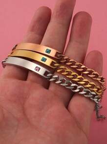 1 件时尚朋克镀金不锈钢个性化激光名字字母手链 适合男女情侣礼物 - 彩色 - 查看 4