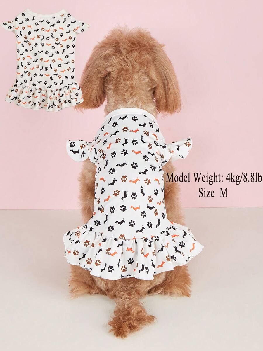 1pc Lightweight Breathable Anti-Shedding Pet Dress With Flared Sleeves, Rabbit, Dog Bone & Paw Print Design, Suitable For Cats, Teddy & Small Dogs - Multicolor - View 1