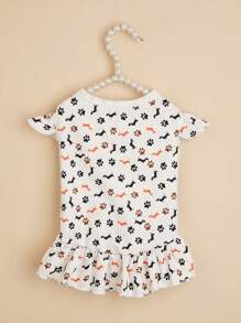 1pc Lightweight Breathable Anti-Shedding Pet Dress With Flared Sleeves, Rabbit, Dog Bone & Paw Print Design, Suitable For Cats, Teddy & Small Dogs - Multicolor - View 2