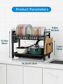Rejilla negra de 2 niveles de gran tamaño para secar platos para la encimera de la cocina con tabla de escurrido, escurreplatos de acero inoxidable para platos/cuchillos/tazas/tablas de cortar con soporte para utensilios, estante para platos, escurridor de platos ahorra espacio, rejilla de secado para cubiertos