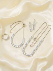 5件套时尚简约女士个性化彩色锆石项链手链戒指耳环 - 金黃色 - 查看 12