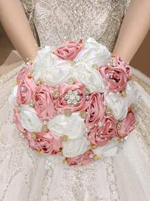 Elegante ramo de rosas de satén con cuentas y cristales de color champán, ramo de boda de rosas de tela artificial, flor eterna W0630G