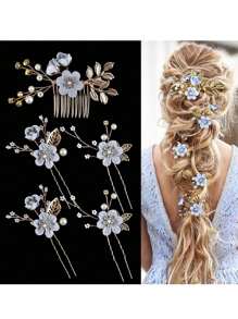 5pcs/Set Light Blue Flower Hair Clips, Bridal Wedding Hair Accessories Valentine's Day Accessories - Baby Blue - View 1
