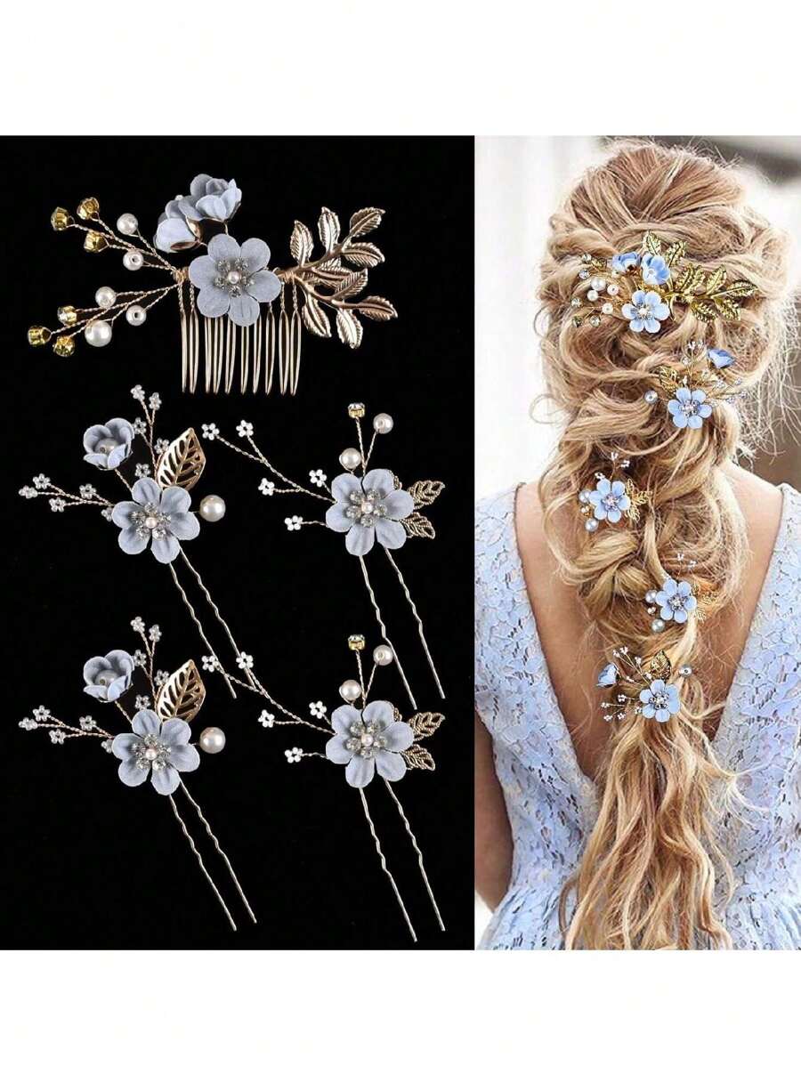 5pcs/Set Light Blue Flower Hair Clips, Bridal Wedding Hair Accessories Valentine's Day Accessories - Baby Blue - View 1