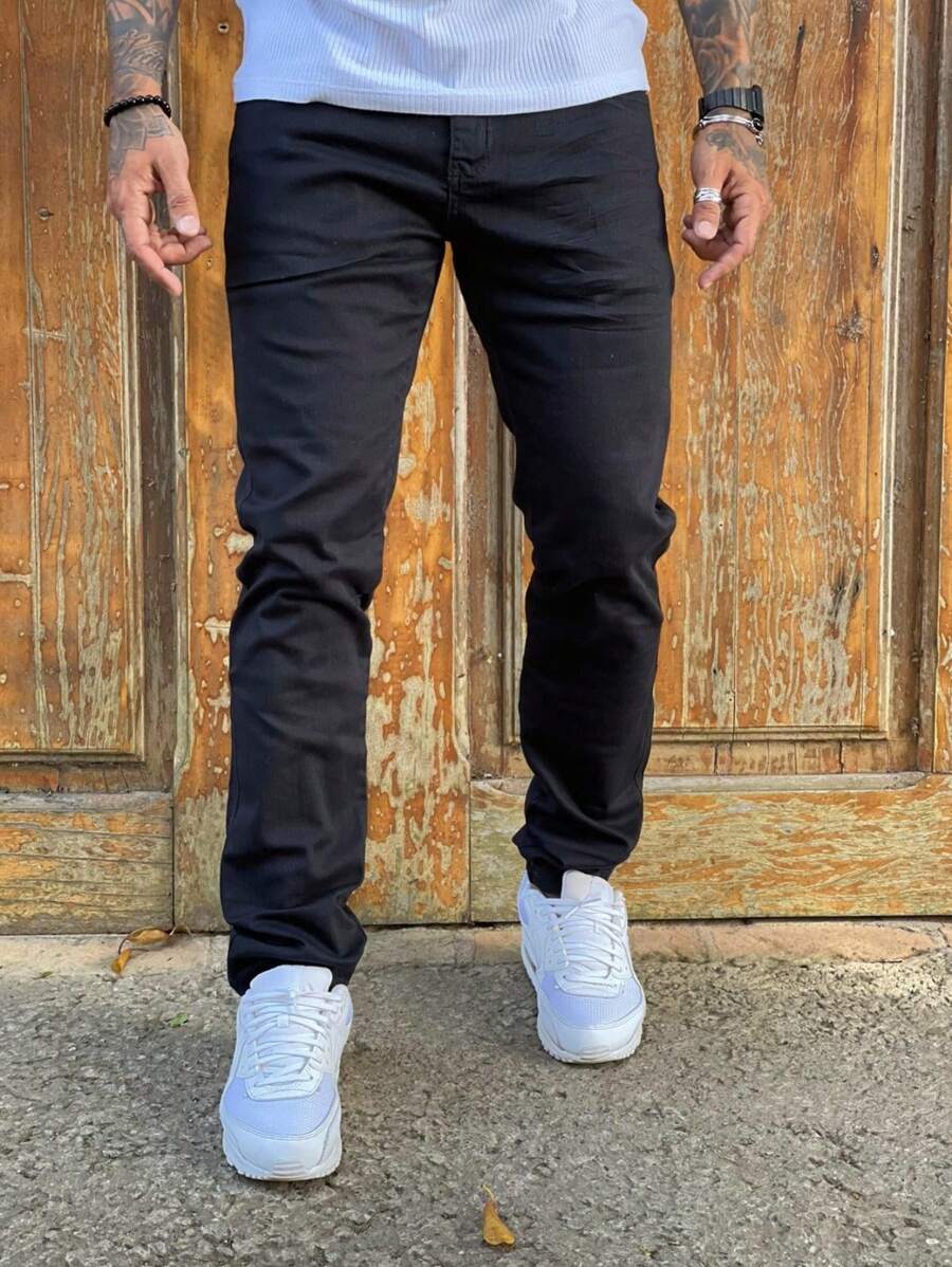 Men's Black Skinny Twill Pants - 黑色 - 查看 1