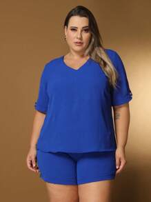 Women's Plus Size Summer Casual Set - 寶藍色 - 查看 2
