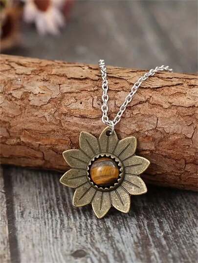 1pc Bohemian Style Sunflower Faux Amber Stone Inlaid Pendant Necklace, Suitable For Women's Daily, Party, Travel Wear