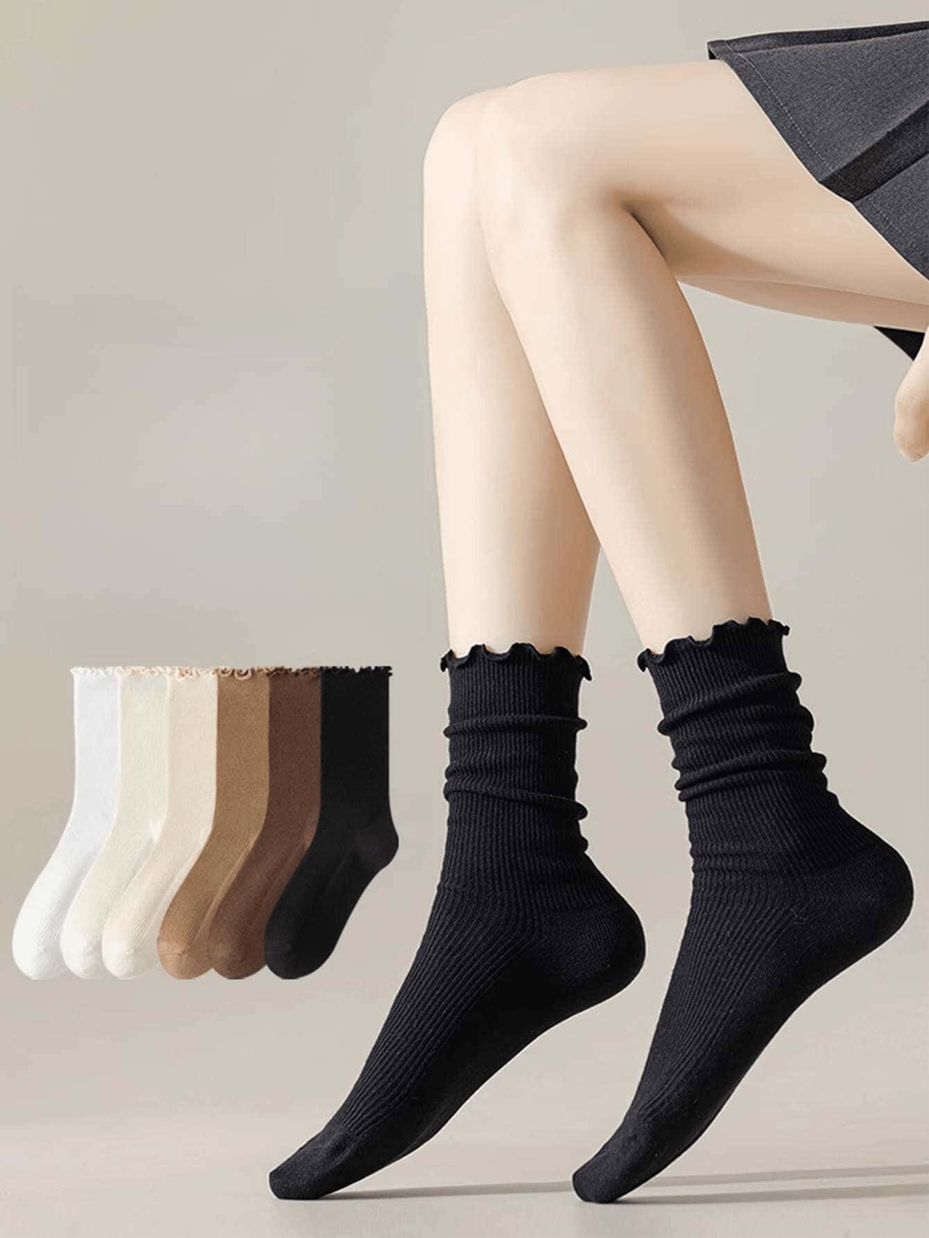 6 pares de calcetines de mujer de color multicolor con puño con volantes, perfectos para combinar con mocasines y zapatos oxford, calcetines de corte alto modernos y lindos, inspirados en la moda japonesa y la cultura popular de las redes sociales