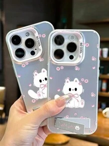 Cat Phone Case 1pc Pink Flower & Kitten Design Shockproof Acrylic Phone Case Compatible With Iphone 16 Pro Max - Multicolor - View 3