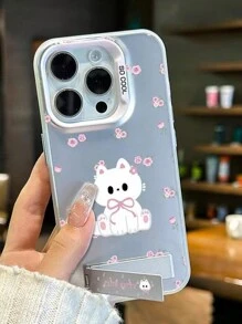 Cat Phone Case 1pc Pink Flower & Kitten Design Shockproof Acrylic Phone Case Compatible With Iphone 16 Pro Max - Multicolor - View 2