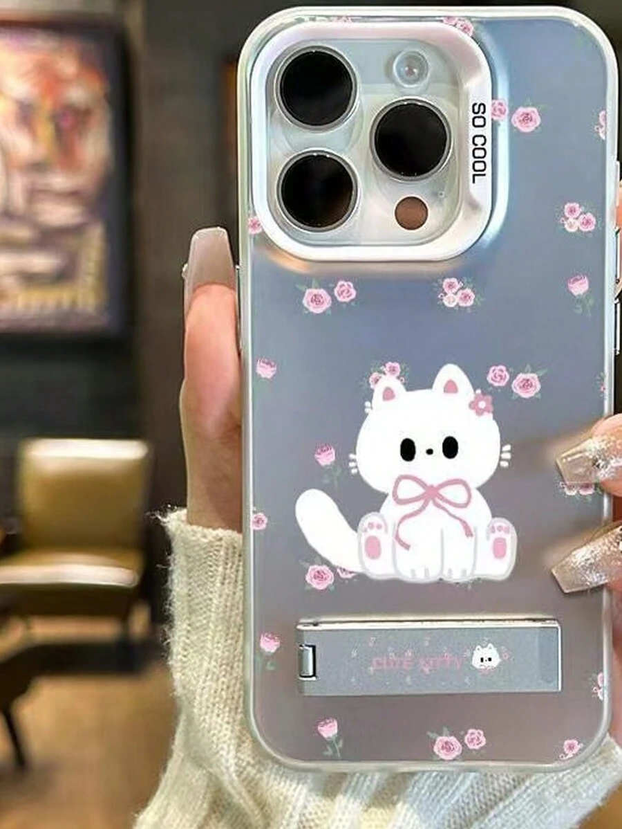 Cat Phone Case 1pc Pink Flower & Kitten Design Shockproof Acrylic Phone Case Compatible With Iphone 16 Pro Max - Multicolor - View 1