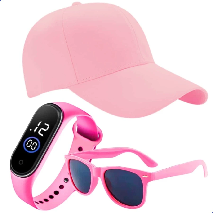 Minimalist Glasses And Cap Children's Kit + Led Watch For Boys And Girls Fashion Accessories Various Colors 03 To 10 Years - Hồng - Xem 1