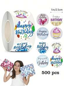 500pcs/Roll Happy Birthday Self-Adhesive Stickers, Suitable For Birthday Party Decorations, Greeting Cards, Gift DIY, Waterproof PVC Material,School Supplies,Back To School - Multicolor - View 7